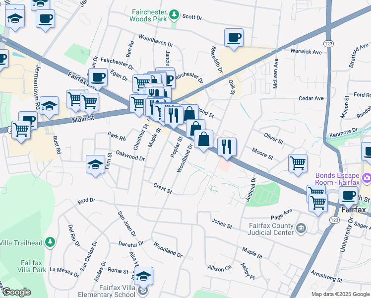 map of restaurants, bars, coffee shops, grocery stores, and more near 4010 Woodland Drive in Fairfax