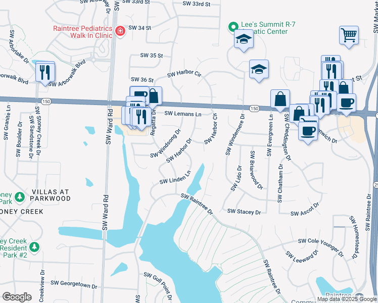 map of restaurants, bars, coffee shops, grocery stores, and more near 3903 Southwest Linden Lane in Lee's Summit