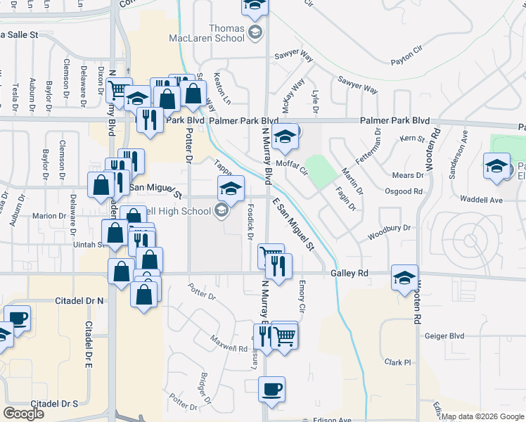 map of restaurants, bars, coffee shops, grocery stores, and more near 1210 North Murray Boulevard in Colorado Springs
