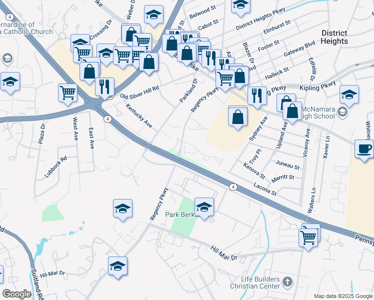 map of restaurants, bars, coffee shops, grocery stores, and more near 2908 Sand Creek Way in District Heights