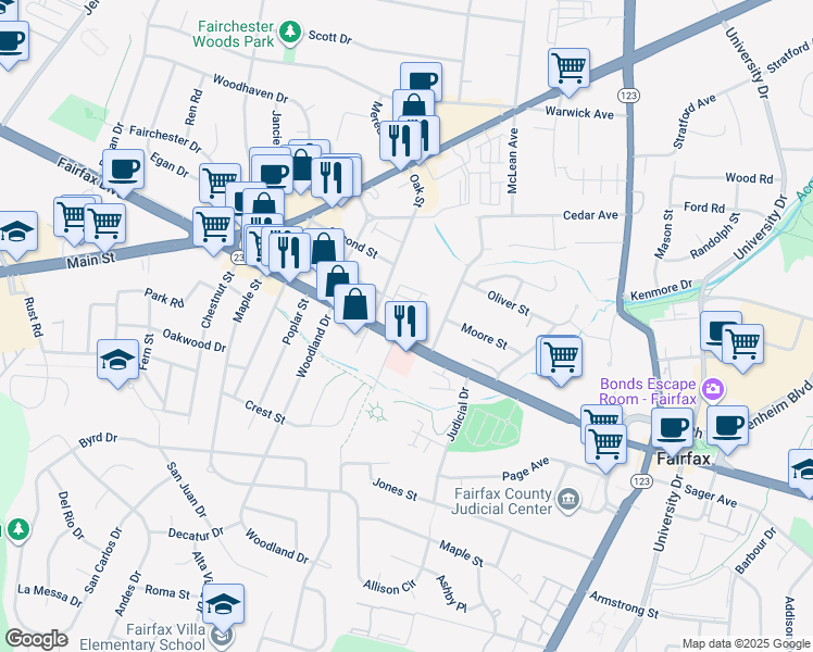 map of restaurants, bars, coffee shops, grocery stores, and more near 3985 Norton Place in Fairfax