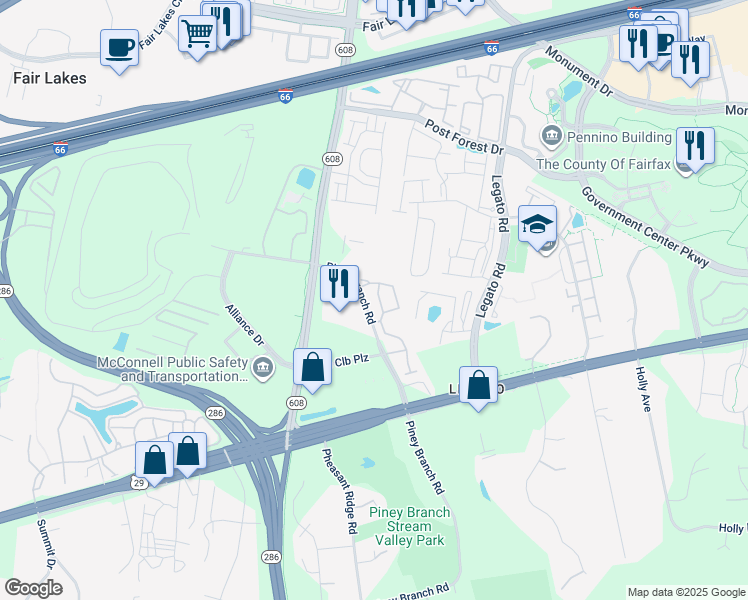 map of restaurants, bars, coffee shops, grocery stores, and more near 4706 Caronia Way in Fairfax