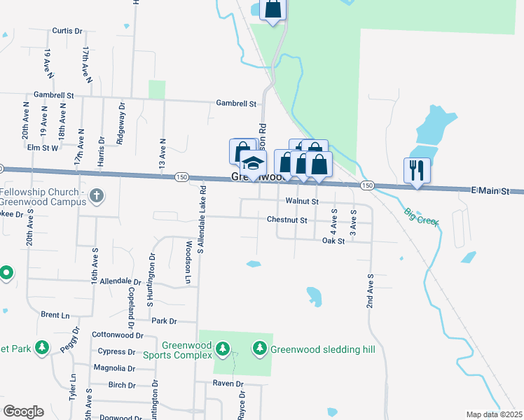 map of restaurants, bars, coffee shops, grocery stores, and more near 205 North Ranson Road in Greenwood