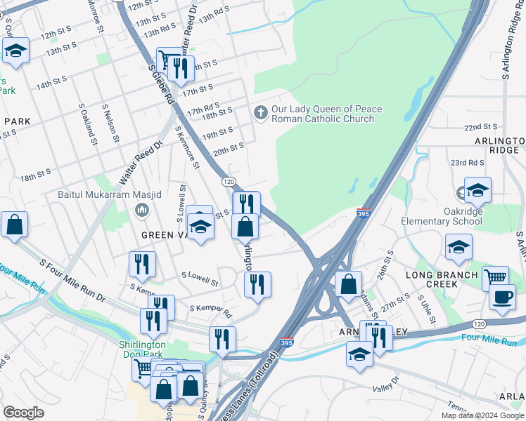 map of restaurants, bars, coffee shops, grocery stores, and more near 2232 South Glebe Road in Arlington