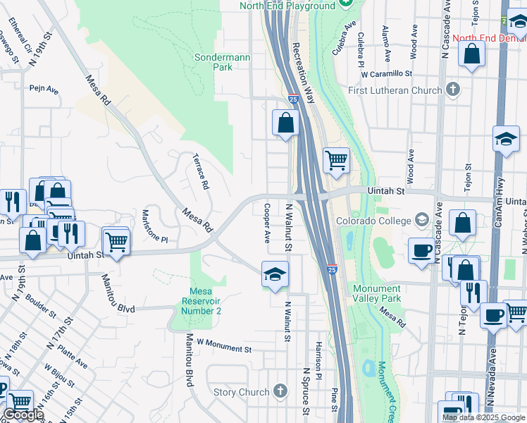 map of restaurants, bars, coffee shops, grocery stores, and more near 1116 Cooper Avenue in Colorado Springs