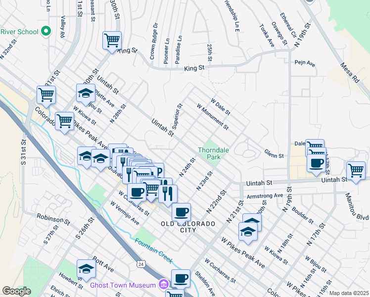 map of restaurants, bars, coffee shops, grocery stores, and more near 2419 West Uintah Street in Colorado Springs