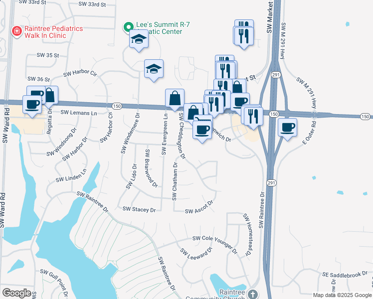 map of restaurants, bars, coffee shops, grocery stores, and more near 3901 Southwest Cheddington Drive in Lee's Summit