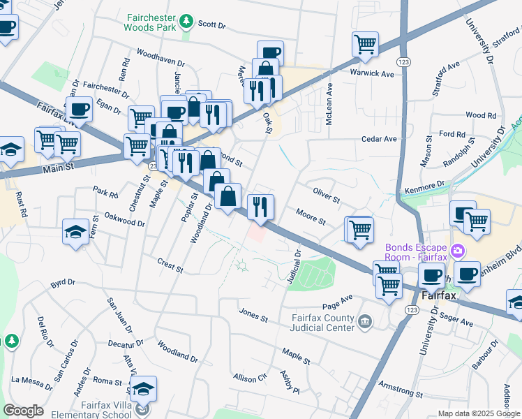 map of restaurants, bars, coffee shops, grocery stores, and more near 3985 Norton Place in Fairfax