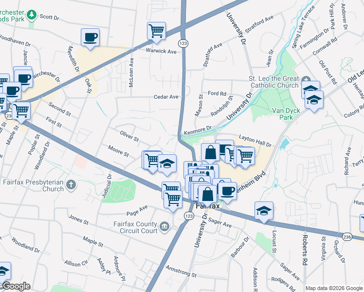 map of restaurants, bars, coffee shops, grocery stores, and more near 3889 Rust Hill Place in Fairfax