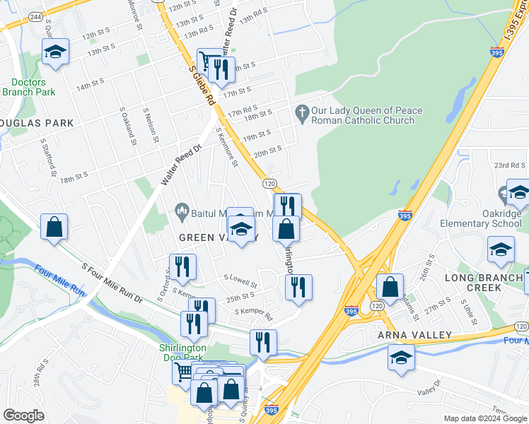 map of restaurants, bars, coffee shops, grocery stores, and more near 2129 South Kenmore Street in Arlington