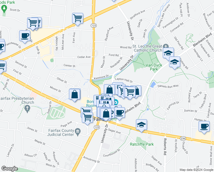 map of restaurants, bars, coffee shops, grocery stores, and more near 3864 University Drive in Fairfax