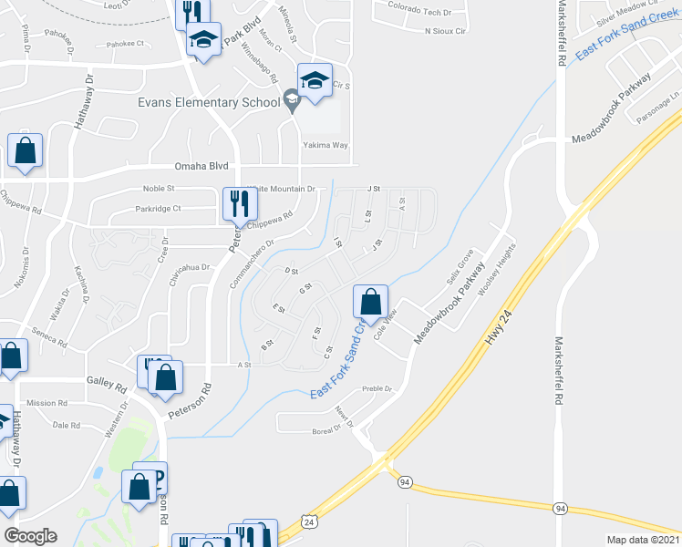 map of restaurants, bars, coffee shops, grocery stores, and more near 1095 Western Drive in Colorado Springs