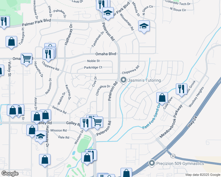 map of restaurants, bars, coffee shops, grocery stores, and more near 1245 Peterson Road in Colorado Springs