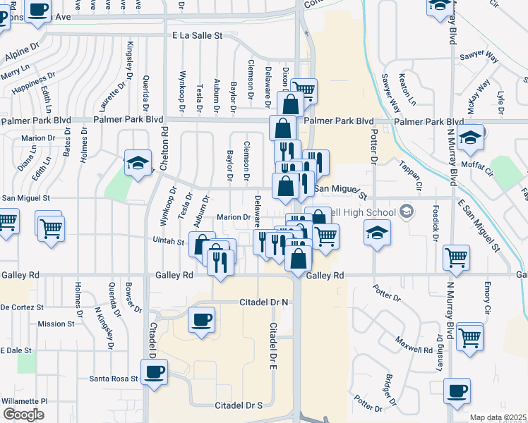 map of restaurants, bars, coffee shops, grocery stores, and more near 1224 Delaware Drive in Colorado Springs