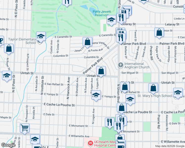 map of restaurants, bars, coffee shops, grocery stores, and more near 1416 East Uintah Street in Colorado Springs