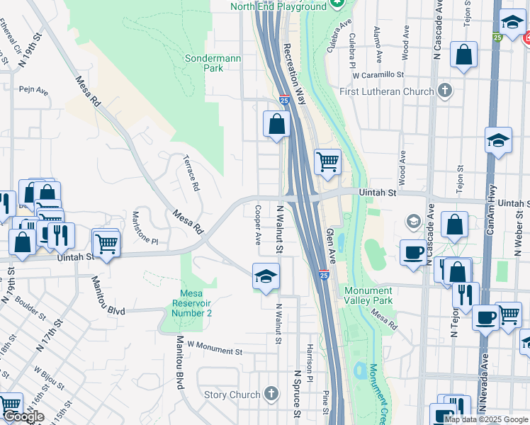 map of restaurants, bars, coffee shops, grocery stores, and more near 1116 Cooper Avenue in Colorado Springs