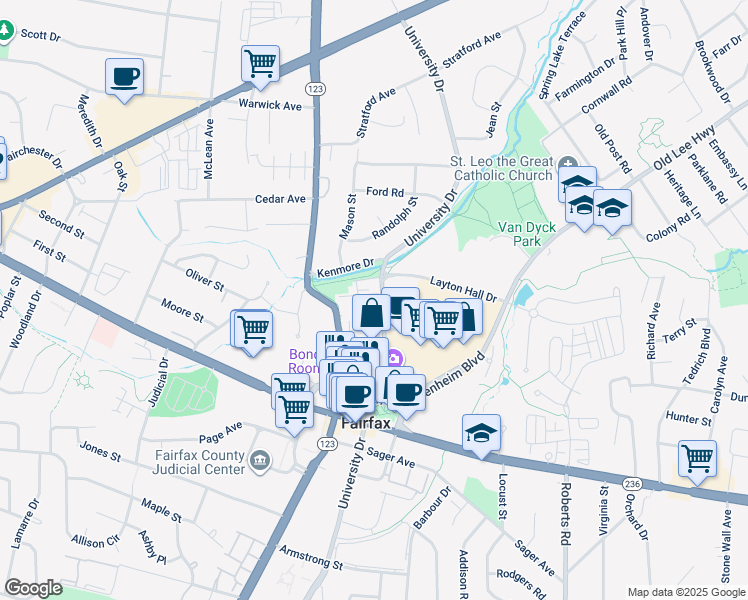 map of restaurants, bars, coffee shops, grocery stores, and more near 3852 University Drive in Fairfax