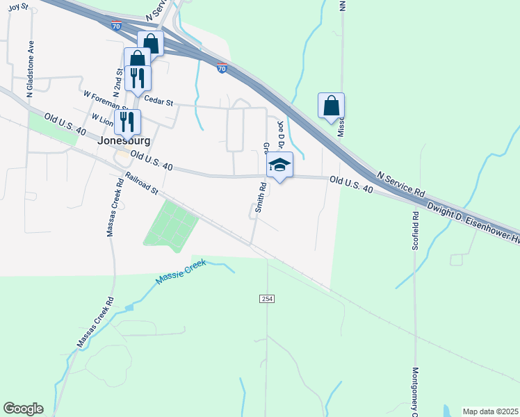 map of restaurants, bars, coffee shops, grocery stores, and more near 405 Smith Road in Jonesburg