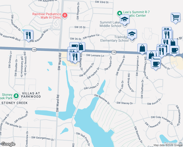 map of restaurants, bars, coffee shops, grocery stores, and more near 3890 Southwest Harbor Drive in Lee's Summit