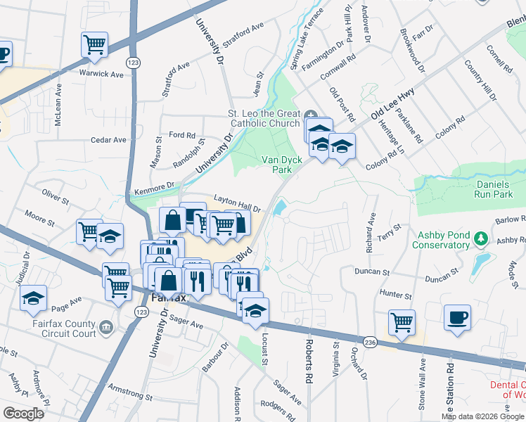 map of restaurants, bars, coffee shops, grocery stores, and more near 10320 Layton Hall Drive in Fairfax