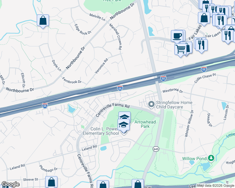 map of restaurants, bars, coffee shops, grocery stores, and more near 13347 Connor Drive in Centreville
