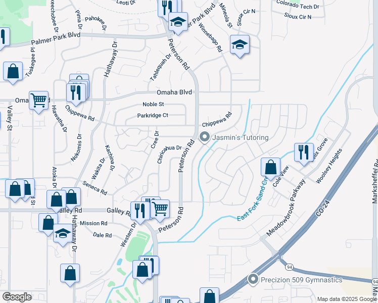 map of restaurants, bars, coffee shops, grocery stores, and more near 1245 Peterson Road in Colorado Springs