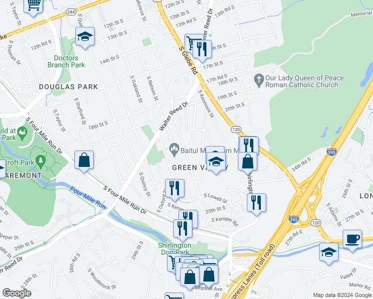 map of restaurants, bars, coffee shops, grocery stores, and more near 2111 South Monroe Street in Arlington