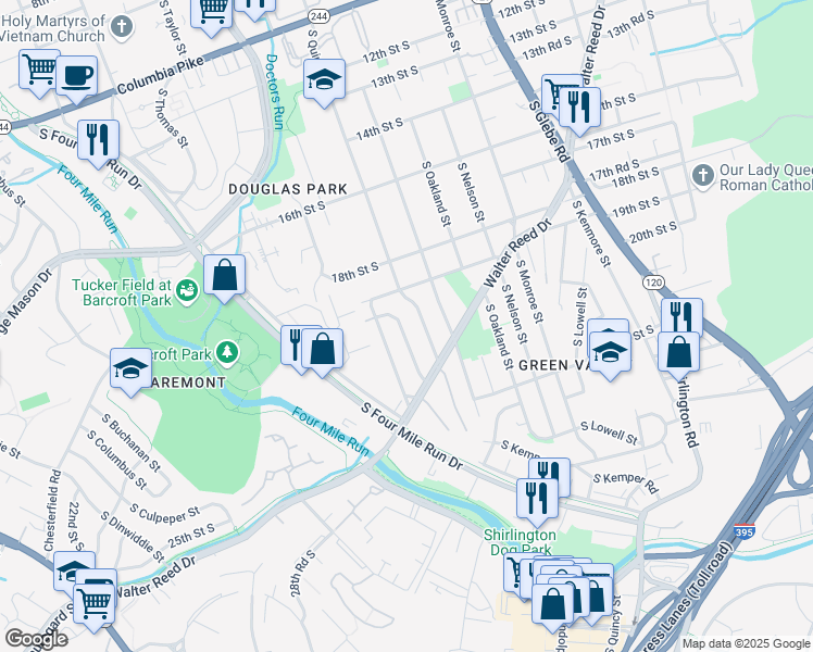 map of restaurants, bars, coffee shops, grocery stores, and more near 2001 South Quebec Street in Arlington