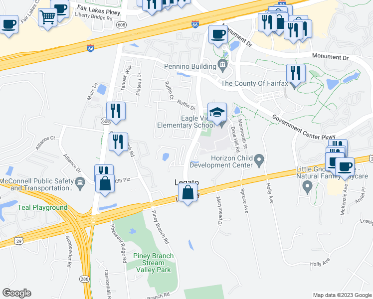 map of restaurants, bars, coffee shops, grocery stores, and more near 4653 Eggleston Terrace in Fairfax