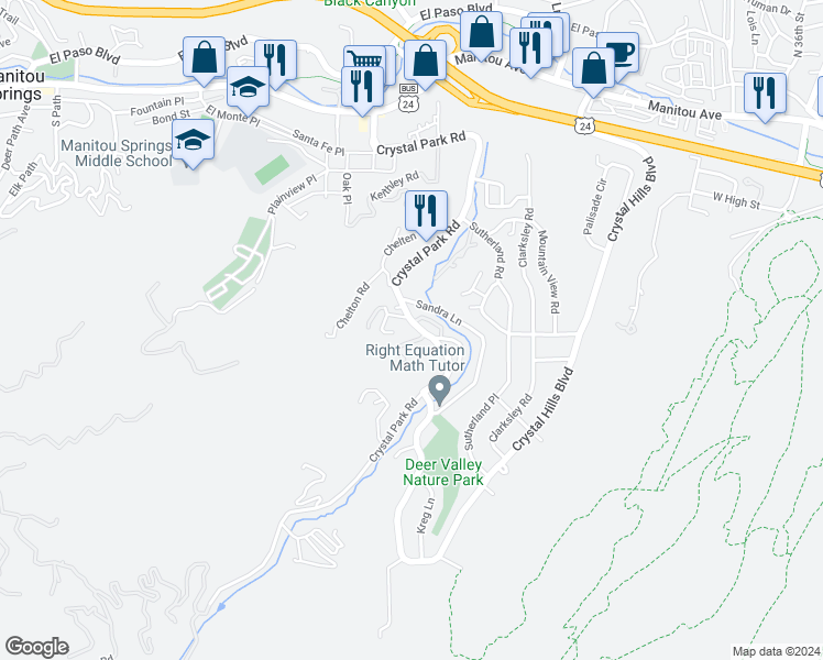 map of restaurants, bars, coffee shops, grocery stores, and more near 224 Crystal Park Road in Manitou Springs