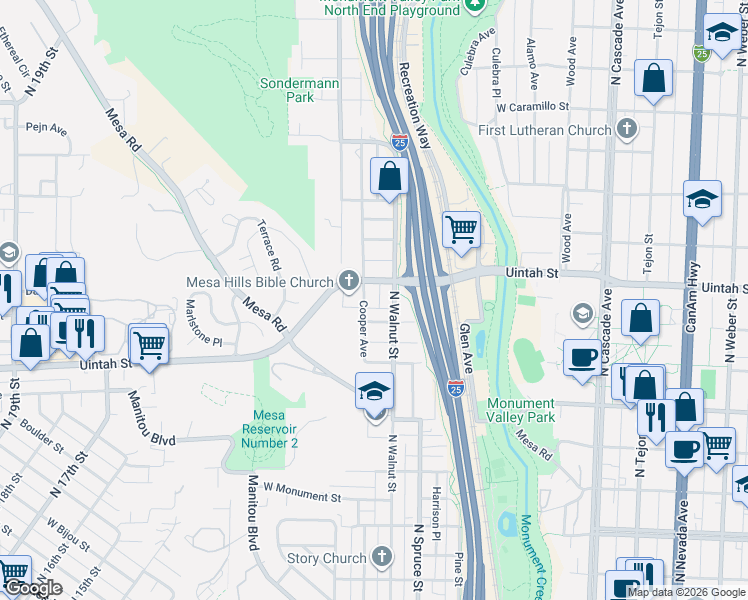 map of restaurants, bars, coffee shops, grocery stores, and more near 1116 Cooper Avenue in Colorado Springs