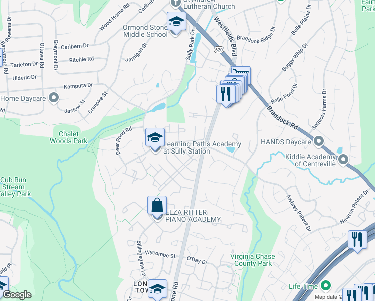 map of restaurants, bars, coffee shops, grocery stores, and more near 14610 Winterfield Drive in Centreville