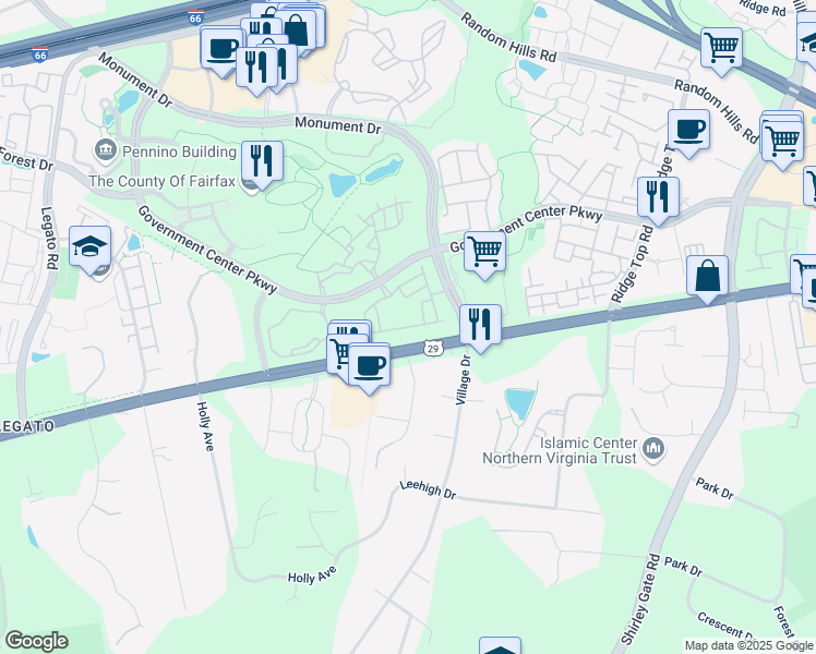 map of restaurants, bars, coffee shops, grocery stores, and more near 4476 Oakdale Crescent Court in Fairfax