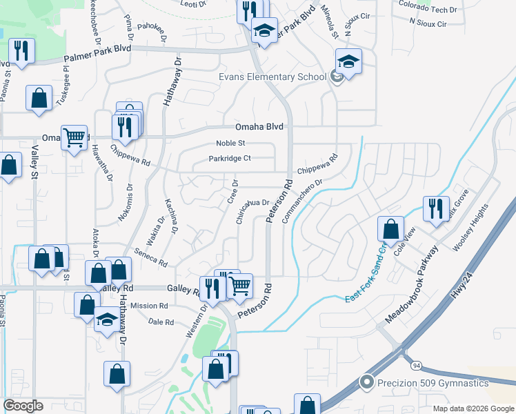 map of restaurants, bars, coffee shops, grocery stores, and more near 1271 Chiricahua Drive in Colorado Springs