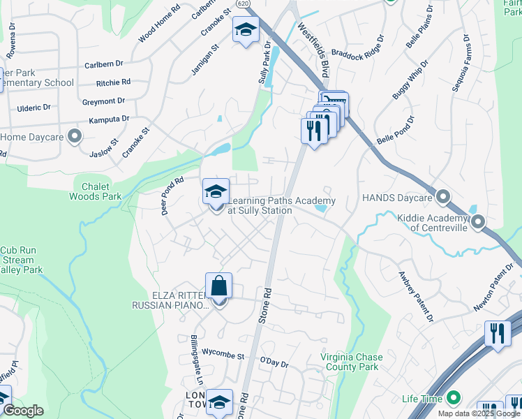 map of restaurants, bars, coffee shops, grocery stores, and more near 14610 Winterfield Drive in Centreville