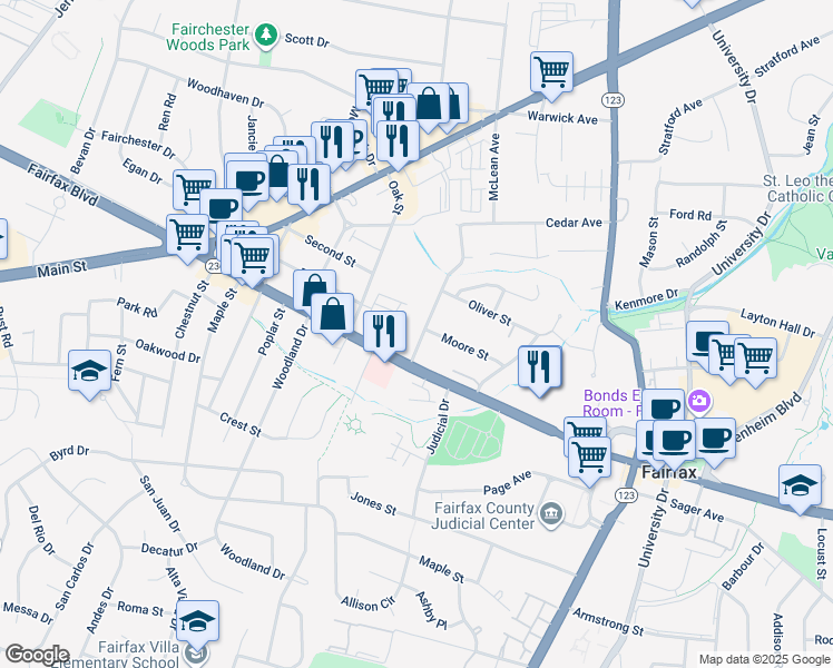 map of restaurants, bars, coffee shops, grocery stores, and more near 3912 Keith Avenue in Fairfax