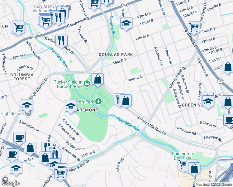 map of restaurants, bars, coffee shops, grocery stores, and more near 4193 South Four Mile Run Drive in Arlington
