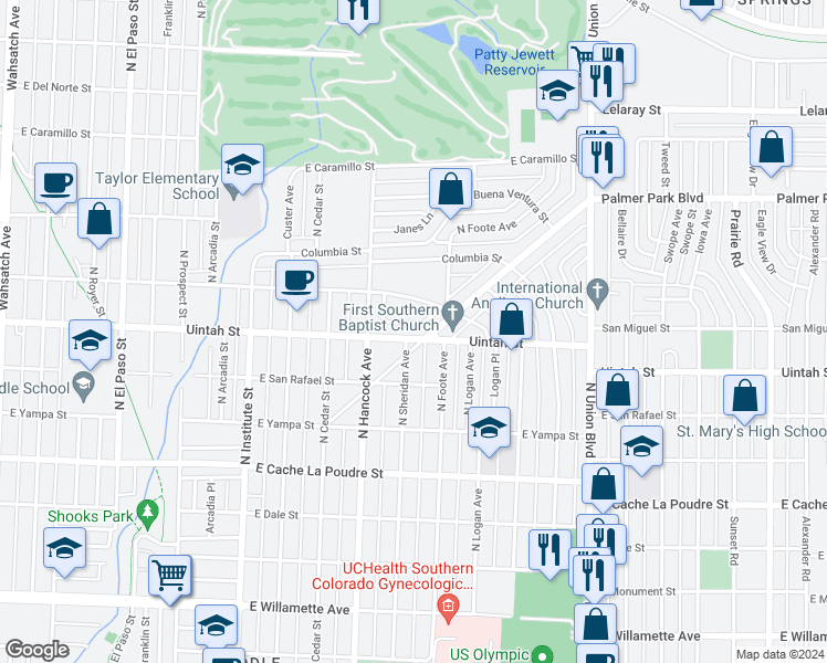map of restaurants, bars, coffee shops, grocery stores, and more near 1306 East Uintah Street in Colorado Springs