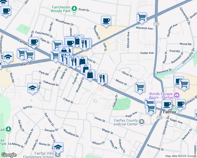 map of restaurants, bars, coffee shops, grocery stores, and more near 3989 Norton Place in Fairfax