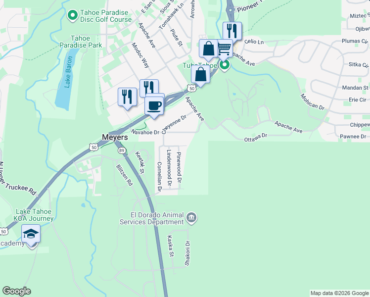 map of restaurants, bars, coffee shops, grocery stores, and more near 1136 Mulberry Drive in South Lake Tahoe