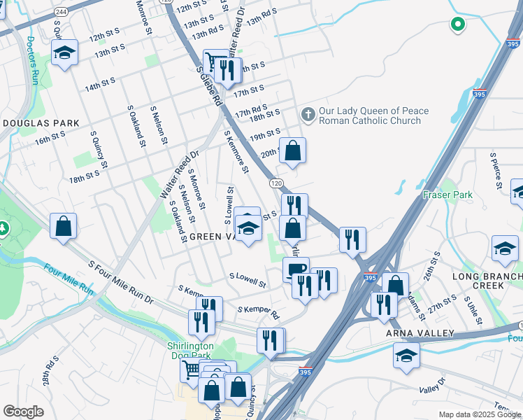 map of restaurants, bars, coffee shops, grocery stores, and more near 2114 South Kenmore Street in Arlington