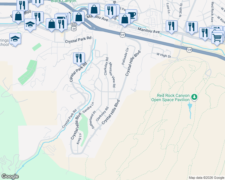 map of restaurants, bars, coffee shops, grocery stores, and more near 30 Mountain View Rd in Manitou Springs