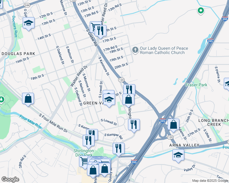map of restaurants, bars, coffee shops, grocery stores, and more near 2114 South Kenmore Street in Arlington