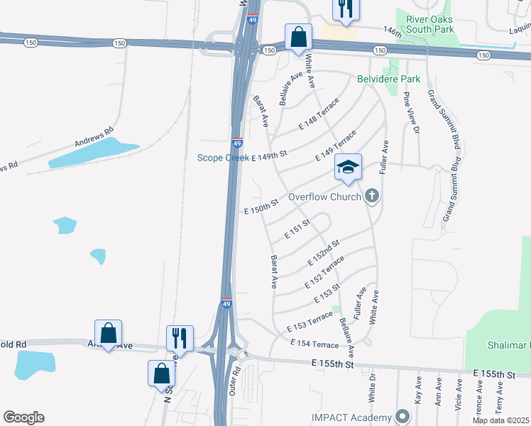 map of restaurants, bars, coffee shops, grocery stores, and more near 5929 East 150th Street in Grandview