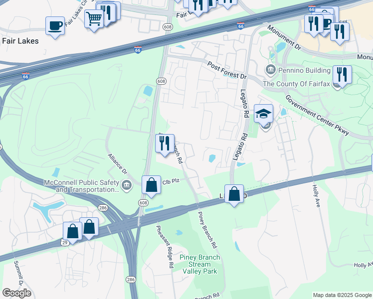 map of restaurants, bars, coffee shops, grocery stores, and more near 4703 Caronia Way in Fairfax