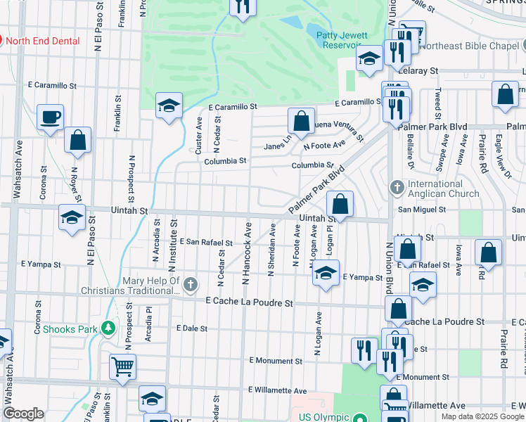 map of restaurants, bars, coffee shops, grocery stores, and more near 1218 East Uintah Street in Colorado Springs