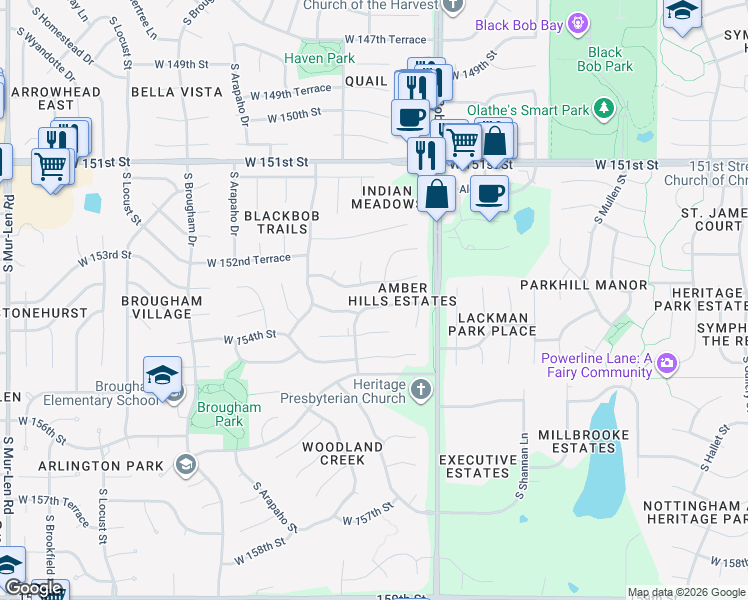 map of restaurants, bars, coffee shops, grocery stores, and more near 15160 West 153rd Terrace in Olathe