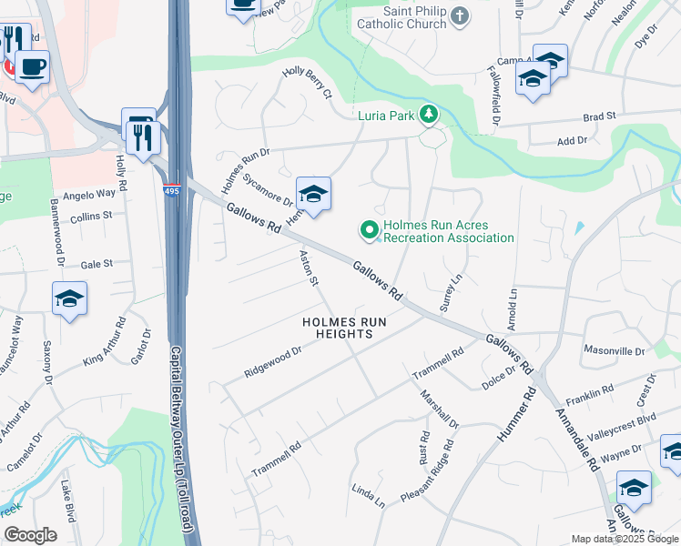map of restaurants, bars, coffee shops, grocery stores, and more near 3450 Gallows Road in Annandale
