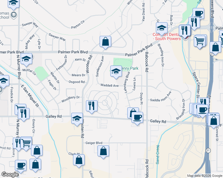 map of restaurants, bars, coffee shops, grocery stores, and more near 5102 Galley Road in Colorado Springs