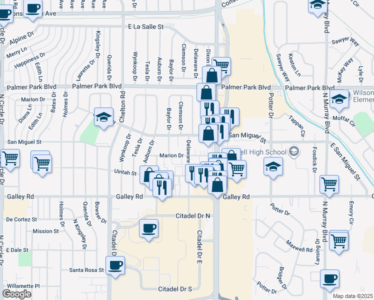 map of restaurants, bars, coffee shops, grocery stores, and more near 1224 Delaware Drive in Colorado Springs